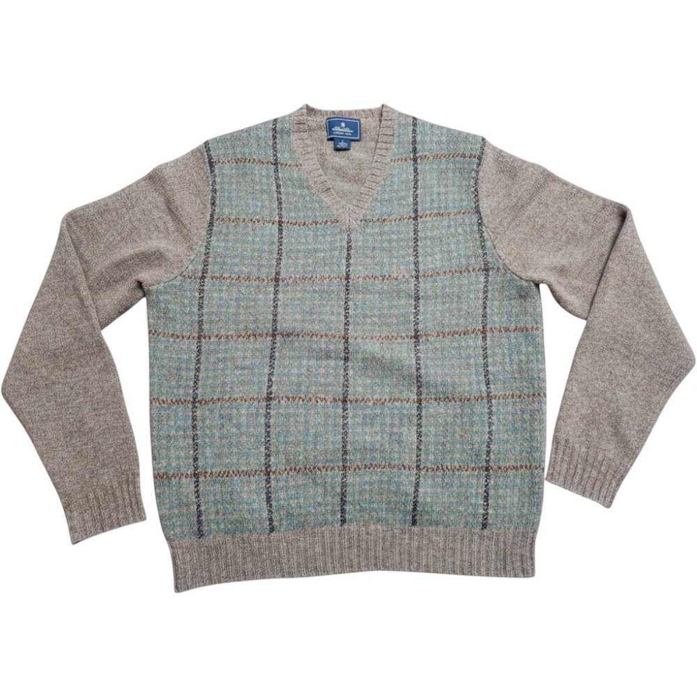 Brooks Brothers Mens Shetland Wool V-Neck Sweater Plaid Tan Blue Green Medium